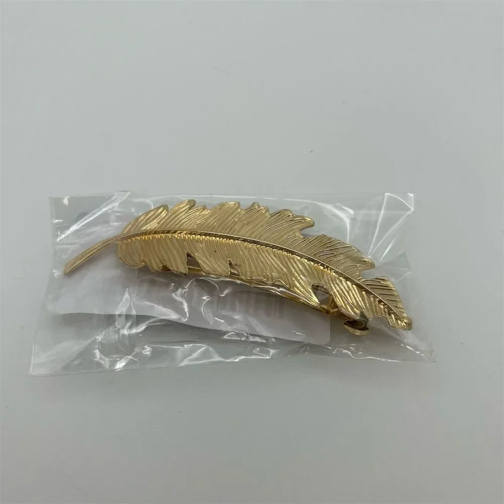 Gold Tone Leaf Feather Hair Barrette Clip Lightweight Classic Chic Boho Fall